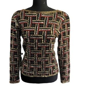 Adrienne Vittadini Black Red and Gold Sequin Wool Sweater Christmas Holiday Sz S
